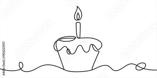 Continuous line art illustration of a festive cupcake with a burning candle on top isolated on white background, Vector, illustration