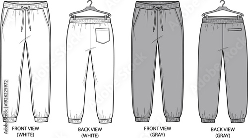 Jogger sweatpants front and back view, white and gray technical flat sketch vector illustration isolated on white background