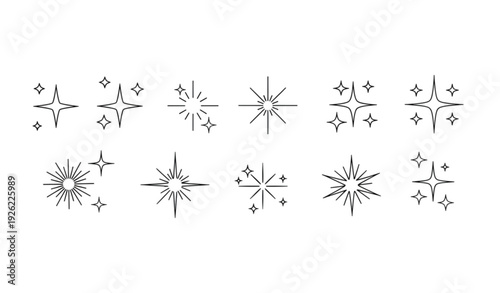 Black sparkle and twinkle star icon set with minimal flat shine symbols isolated on white background vector collection