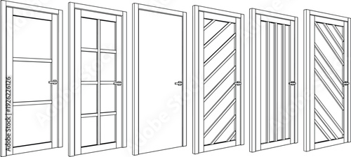 Interior wooden door set technical drawing, front view modern panel glass and plank designs architectural outline illustration collection