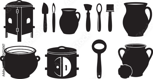 Black Silhouettes of Cooking Pots and Utensils on White Background