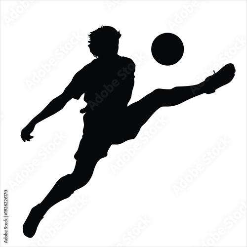 Silhouette of Soccer Player Performing High Kick, Footballer in Mid-Air Action Maneuver Isolated on White Background