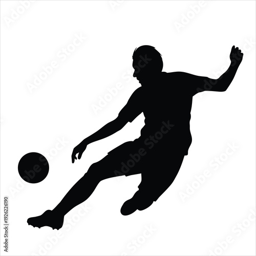 Silhouette of Soccer Player Kicking Ball, Footballer in Action Maneuver Isolated on White Background
