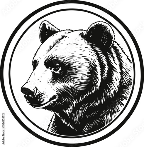 Pure black and white vector illustration of bear side profile inside double-line round badge 2