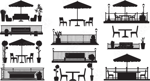 Outdoor patio furniture and umbrella silhouettes for design and decoration
