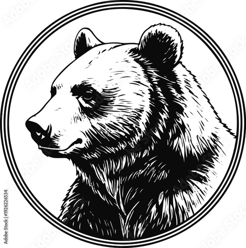 Pure black and white vector illustration of bear side profile inside double-line round badge