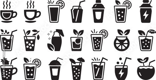 Collection of various summer drink icons with fruits and refreshing elements isolated