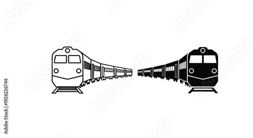 Black and white graphic icon illustrating two passenger trains approaching each other on separate tracks creating a dynamic converging perspective.