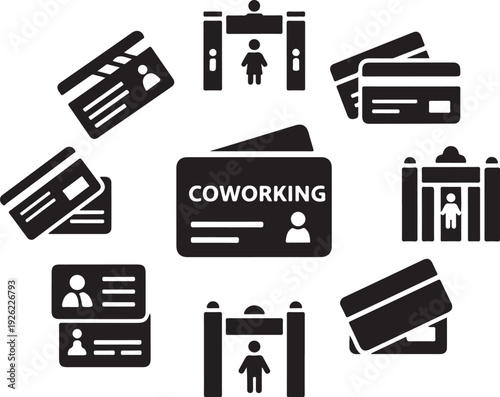 Black and white coworking icons with identification cards and people