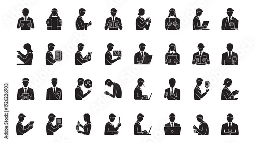 Collection of diverse people icons representing various business activities and technology use