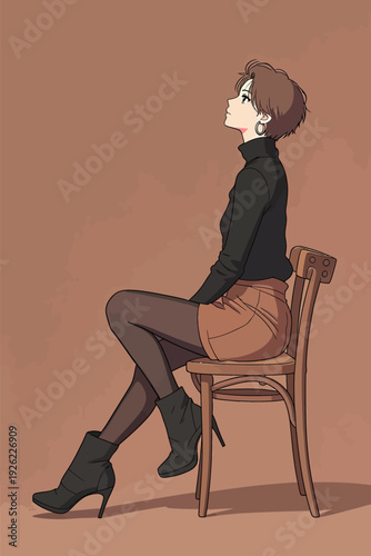 A woman sits on a wooden chair in a relaxed pose, gazing upward while wearing a black top and a skirt.