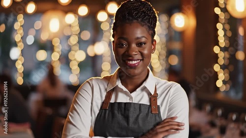 Smiling Black Woman Restaurant Employee Wearing Apron Standing In Warm Lit Dining Room