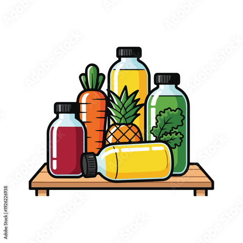 A colorful illustration of juice bottles and fruits on a wooden shelf
