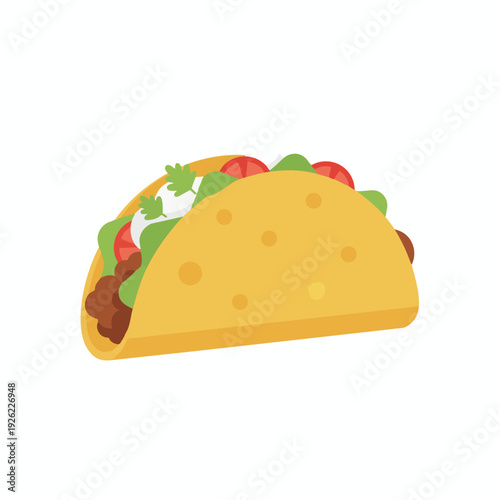 Vibrant digital illustration of a classic hard-shell taco, packed with savory meat, crisp lettuce, red tomatoes, and creamy sour cream, an appetizing depiction of popular Mexican cuisine