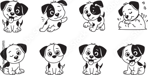Cute black and white puppy dog cartoon character set with different expressions and poses