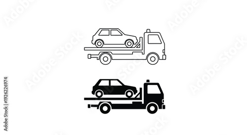 Car on tow truck transportation service icon outline and solid vector illustration