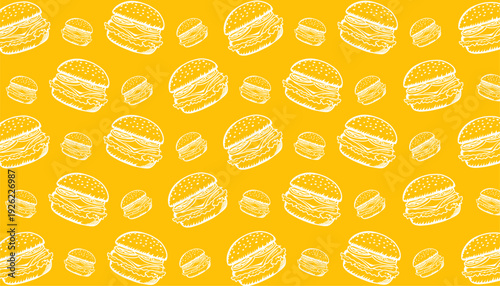 Burger Seamless Pattern. Hand Drawn Fast Food Illustration. Cheeseburger Repeating Background. Minimal Doodle Vector Texture.