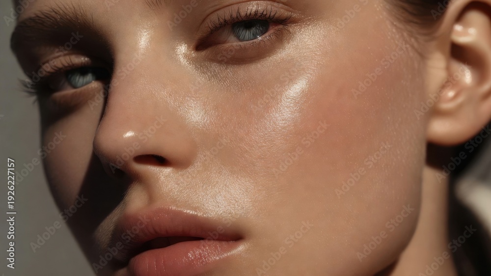 Fototapeta premium Close-up portrait of young caucasian female with natural makeup and glossy skin.