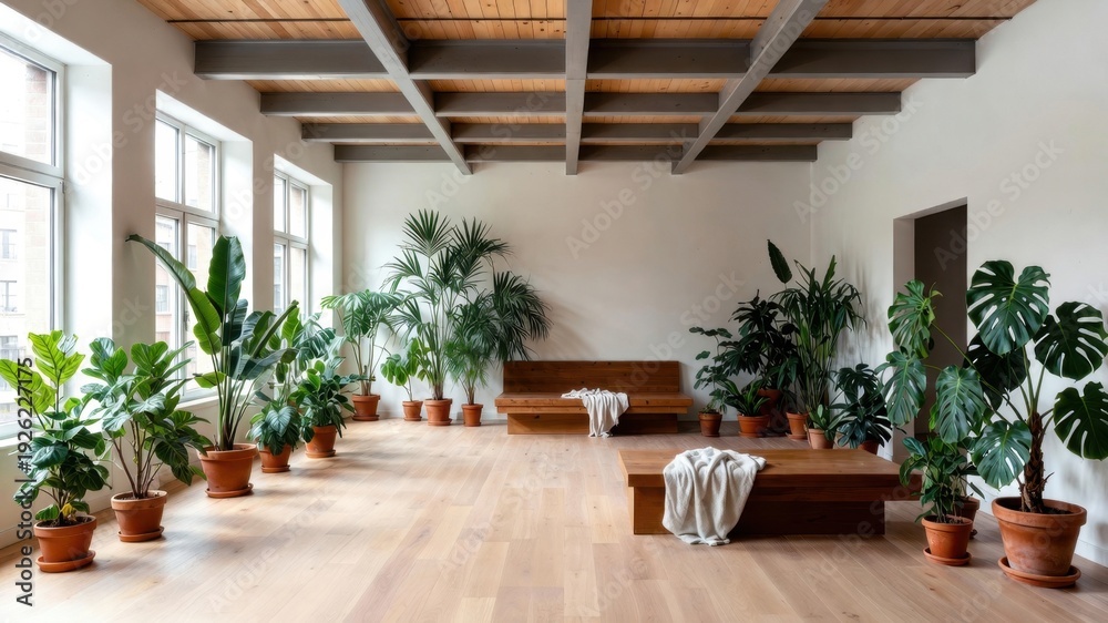 Fototapeta premium Spacious minimalist interior with wooden ceiling and lush green potted plants.
