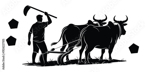 Farmer with oxen plowing a field, silhouetted against a backdrop of geometric shapes, symbolizing agriculture and hard work