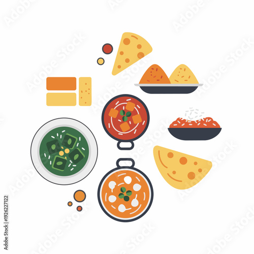 Delicious Indian Curry Dishes and Samosas on a Plate, Food Illustration