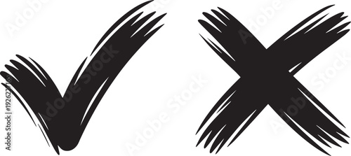 Hand drawn checkmark and cross error symbols isolated on transparent background