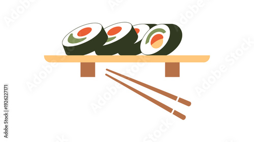 Sushi vector illustration of rolls on a wooden tray with chopsticks