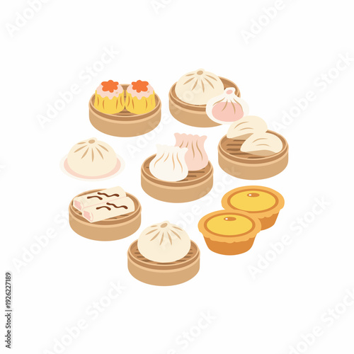 A colorful collection of assorted delicious dim sum dumplings and egg tarts arranged in a pleasing display
