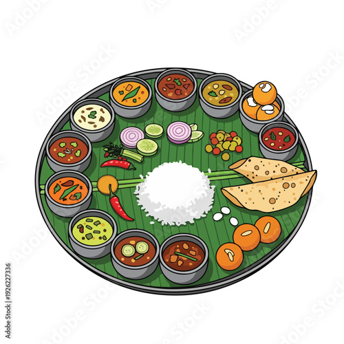 A colorful Indian thali with various dishes and rice