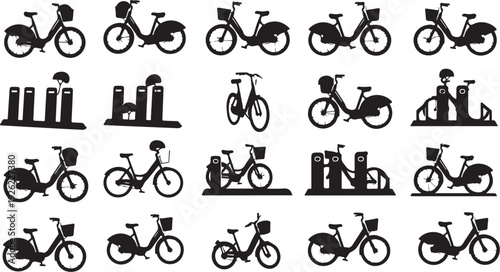 Black bicycle silhouettes in various urban settings and poses