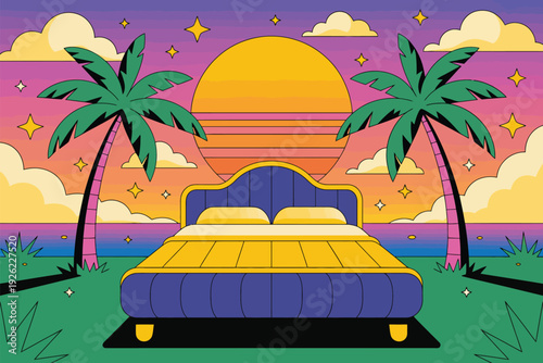 A vibrant bed illustration with palm trees at sunset on the beach