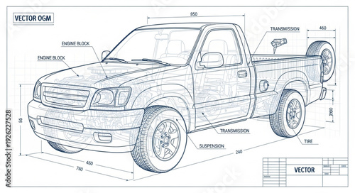 Detailed Technical Drawing of Pickup Truck.
