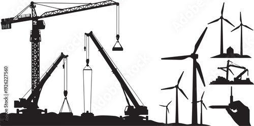 Silhouette of construction cranes and wind turbines on white background