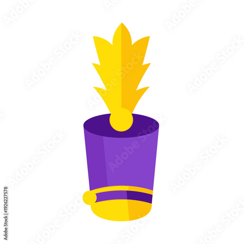 Vibrant marching band hat with yellow plume isolated on white background, featuring bold purple and yellow colors and modern flat design