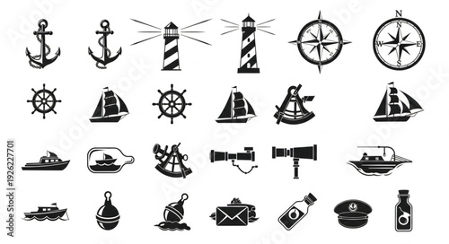 Collection of nautical and maritime themed vector illustrations and icons.
