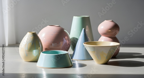 Wallpaper Mural A group of modern ceramic vases and bowls in soft pastel colors like pink mint and yellow arranged on a neutral surface with soft shadows Torontodigital.ca