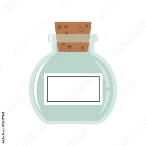 Round apothecary jar with cork stopper isolated on white background, featuring a blank label and minimalist design, corked