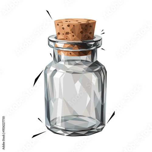 Geometric corked apothecary jar with faceted design isolated on white background, artistic illustration