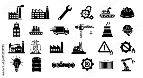 Industrial Icons Representing Factories, Machinery, and Manufacturing Processes.