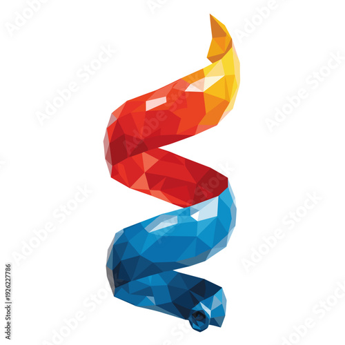 Colorful polygonal balloon ribbon with a vibrant curl isolated on a white background, showcasing a dynamic and artistic design