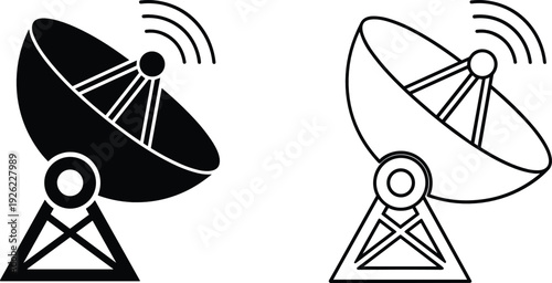 Satellite Dish Antenna Icon Set with Solid and Outline Communication Signal Vector Illustration