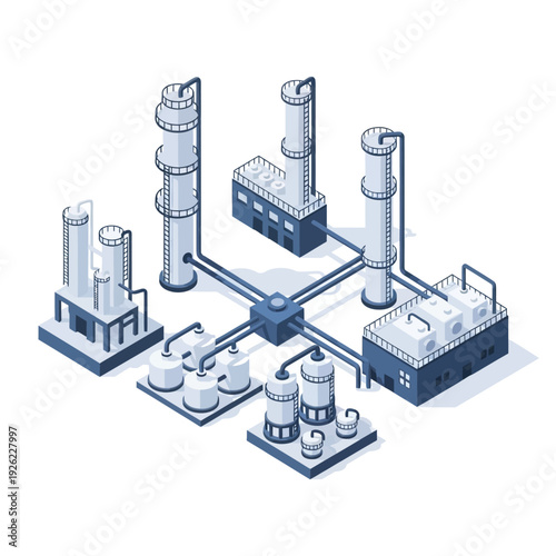 Industrial Factory Illustration with Pipes and Tanks.