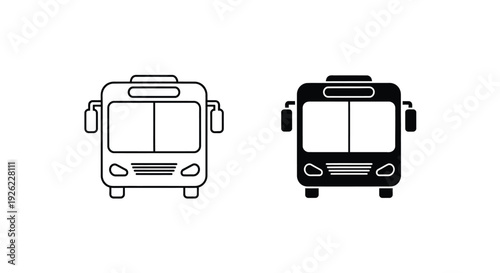 Bus icons vector set featuring both outline and solid glyph styles, perfect for diverse digital design projects, representing modern public transportation vehicles for apps and websites.