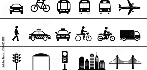 Transportation icons, car bicycle bus, train tram airplane, pedestrian taxi scooter, delivery truck, traffic light, city skyline, bridge vector, urban clipart