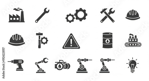 Industrial and manufacturing icons representing various tools and equipment for production and construction.