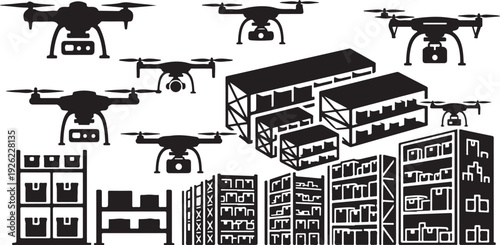 Drones flying over a futuristic cityscape with modern buildings and technology