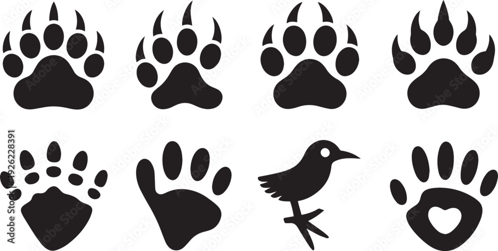 Fototapeta premium Set of animal and bird footprints and handprints isolated on transparent background