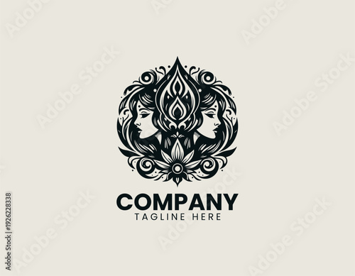 Symmetrical feminine profiles with ornamental eye and lotus black vector logo illustration