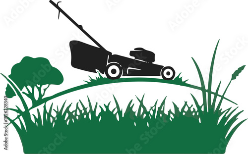 Lawn mower cutting grass in yard with tree