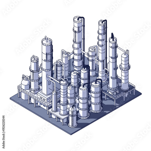 Industrial Plant with Multiple Towers and Pipes.